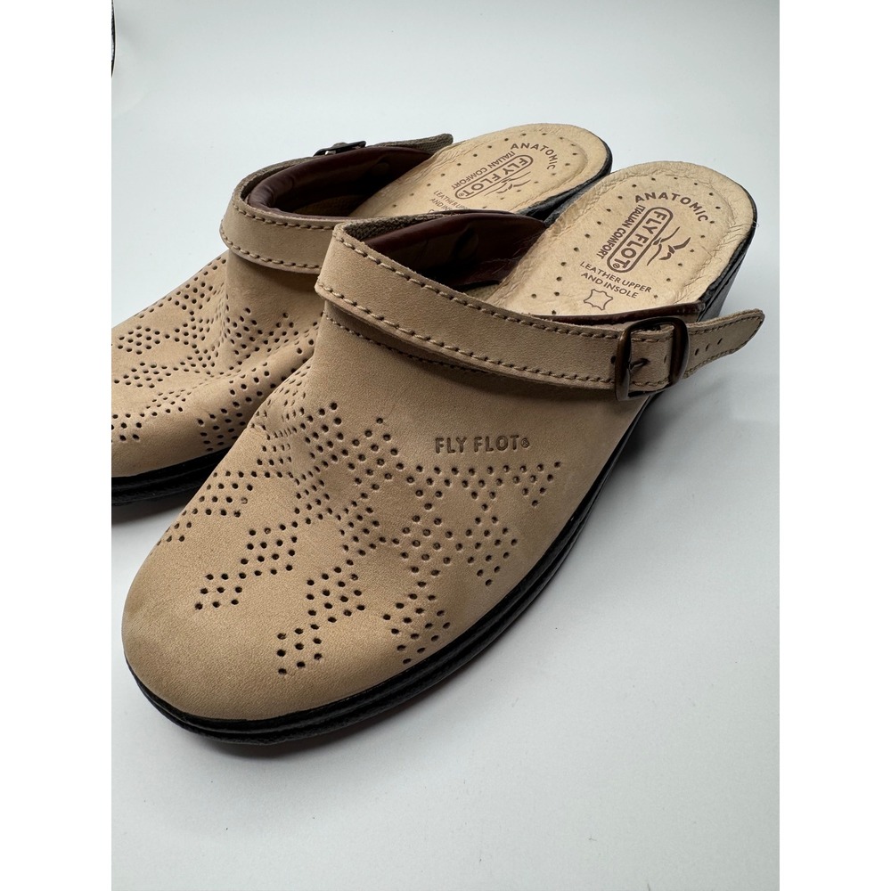 Fly Flot Italian Comfort Tan Leather Perforated Clogs Mules Wedge Shoes 41 US10